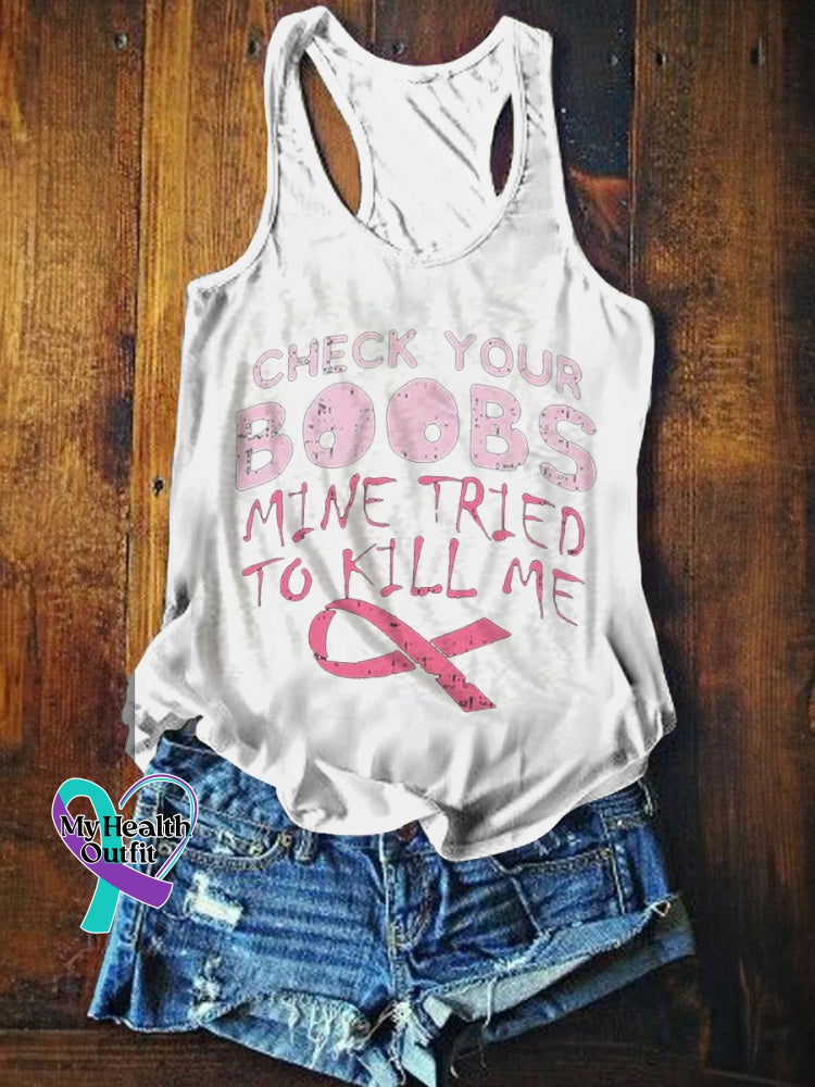 Women’s Breast Cancer Check Your Boobs Print Tank Top White / S