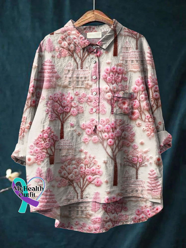 Women’s Breast Cancer Embroidered Printed Jacket Cotton And Linen Shirt / S