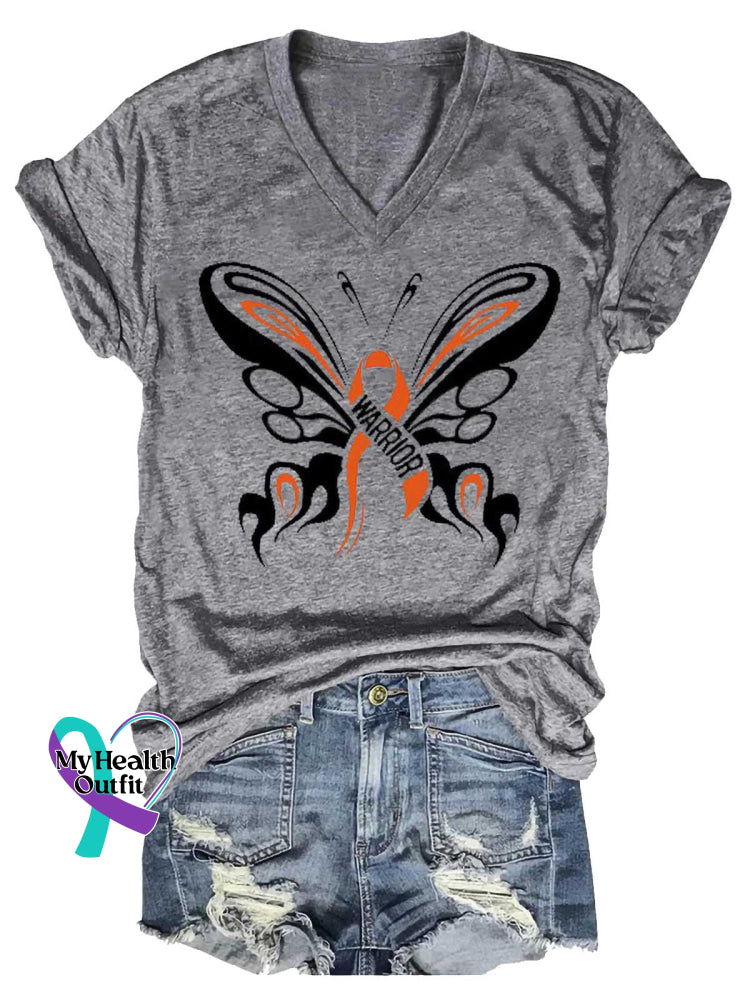 Women’s Butterfly Ms Awareness Multiple Sclerosis Warrior Multiple Sclerosis Orange Ribbon V-neck Casual T-Shirt Grey