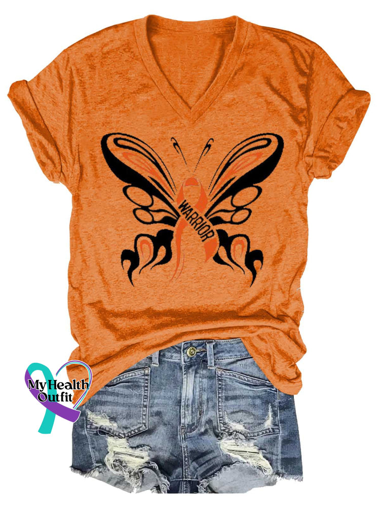 Women’s Butterfly Ms Awareness Multiple Sclerosis Warrior Multiple Sclerosis Orange Ribbon V-neck Casual T-Shirt Orange