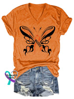 Women’s Butterfly Ms Awareness Multiple Sclerosis Warrior Multiple Sclerosis Orange Ribbon V-neck Casual T-Shirt Orange