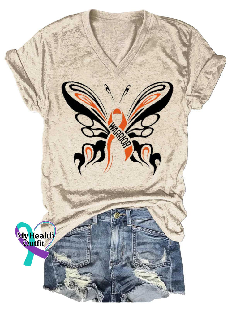 Women’s Butterfly Ms Awareness Multiple Sclerosis Warrior Multiple Sclerosis Orange Ribbon V-neck Casual T-Shirt Sand