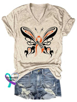 Women’s Butterfly Ms Awareness Multiple Sclerosis Warrior Multiple Sclerosis Orange Ribbon V-neck Casual T-Shirt Sand