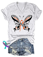 Women’s Butterfly Ms Awareness Multiple Sclerosis Warrior Multiple Sclerosis Orange Ribbon V-neck Casual T-Shirt White