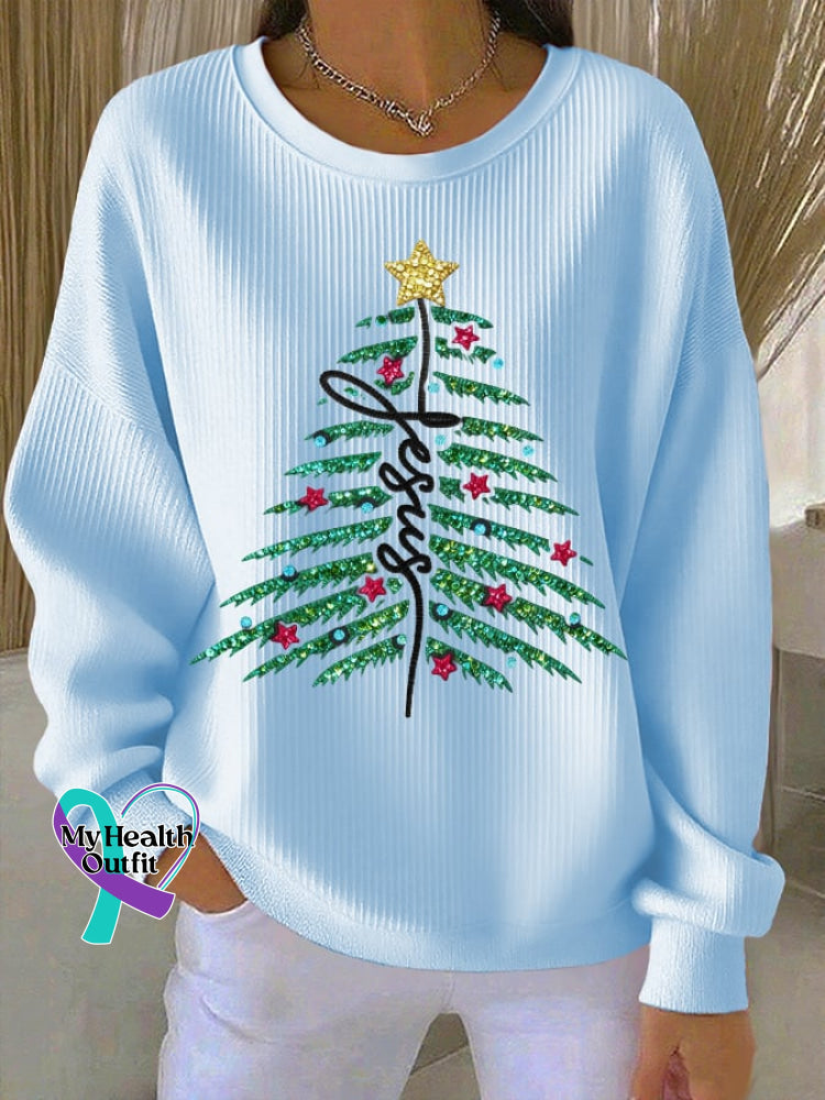Women’s casual Christmas Jesus Christmas tree sweatshirt Sky Blue / S