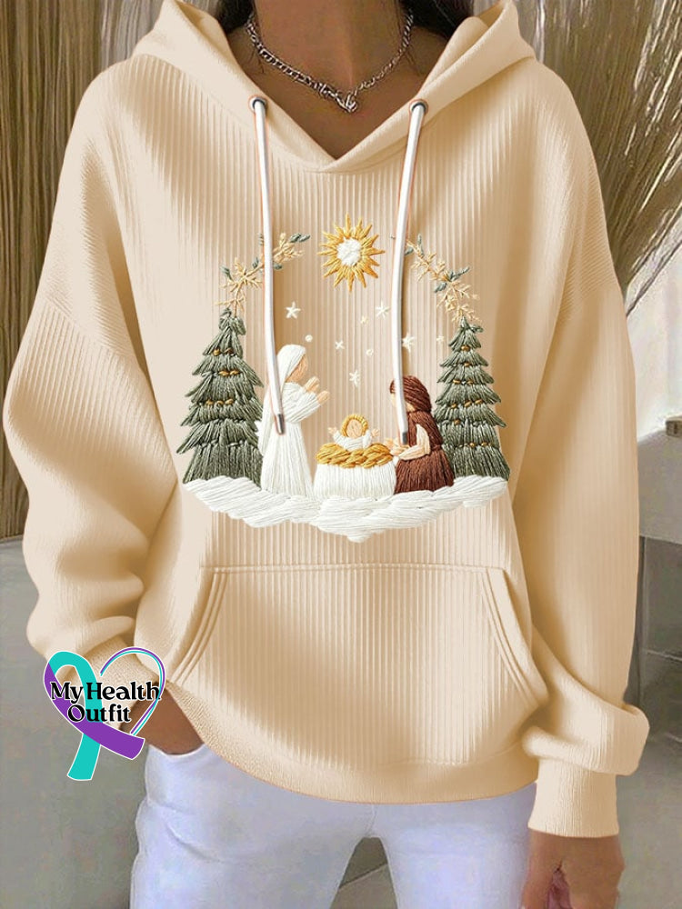 Women’s Casual Christmas Nativity Print Long Sleeve Hooded Sweatshirt Apricot / S