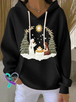 Women’s Casual Christmas Nativity Print Long Sleeve Hooded Sweatshirt Black / S