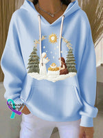Women’s Casual Christmas Nativity Print Long Sleeve Hooded Sweatshirt Light Blue / S