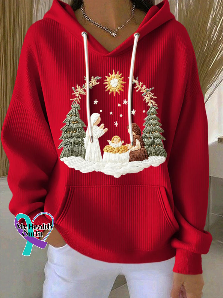 Women’s Casual Christmas Nativity Print Long Sleeve Hooded Sweatshirt Red / S
