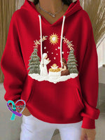 Women’s Casual Christmas Nativity Print Long Sleeve Hooded Sweatshirt Red / S