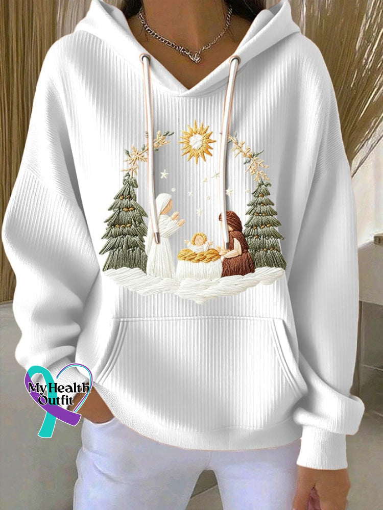 Women’s Casual Christmas Nativity Print Long Sleeve Hooded Sweatshirt White / S