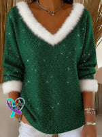 Women’s Casual Christmas Plush Sequined Top Green / S