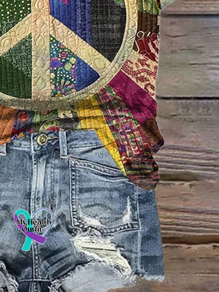 Women’S Casual Retro Peace Collage Print Short Sleeve T-Shirt