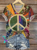 Women’S Casual Retro Peace Collage Print Short Sleeve T-Shirt Apricot / S