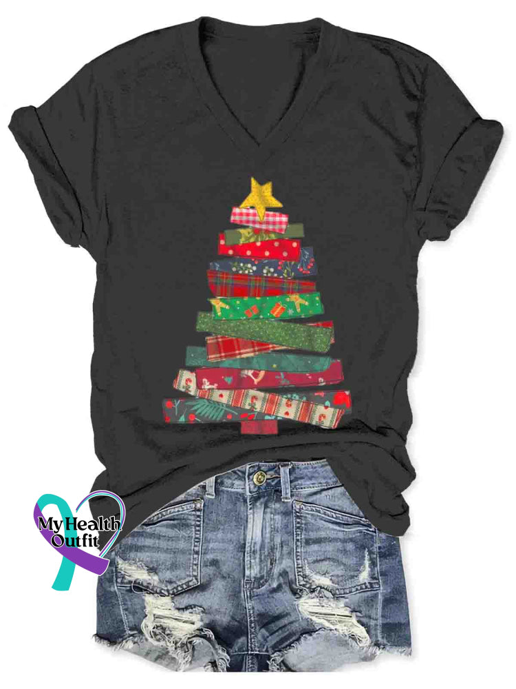 Women’s Christmas Art V-neck Casual T-Shirt Black / S
