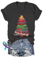 Women’s Christmas Art V-neck Casual T-Shirt Black / S