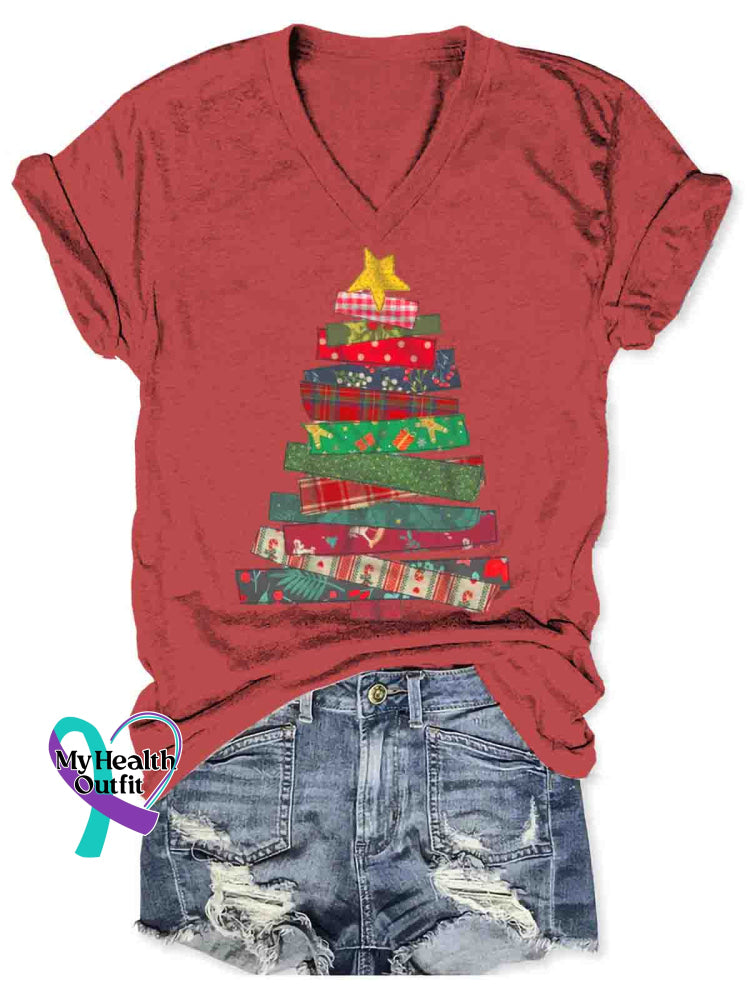 Women’s Christmas Art V-neck Casual T-Shirt Red / S