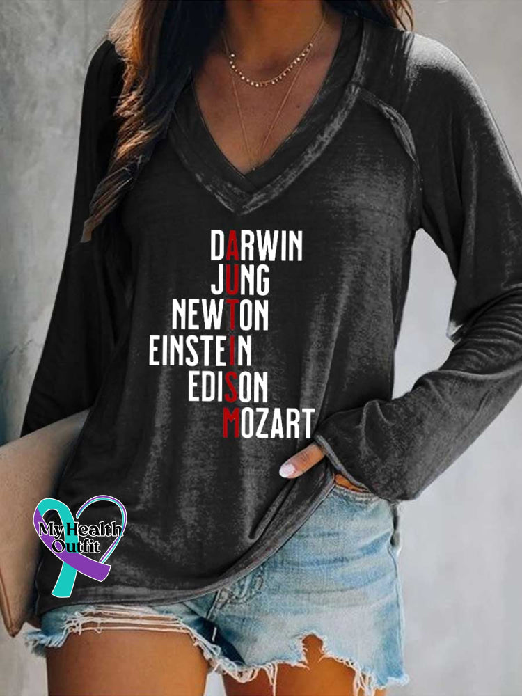Women’s Darwin Jung Newton Einstein Edison Mozart Autism Awareness Print V Neck Long Sleeve Tops Black / S