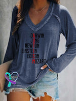 Women’s Darwin Jung Newton Einstein Edison Mozart Autism Awareness Print V Neck Long Sleeve Tops Blue / S