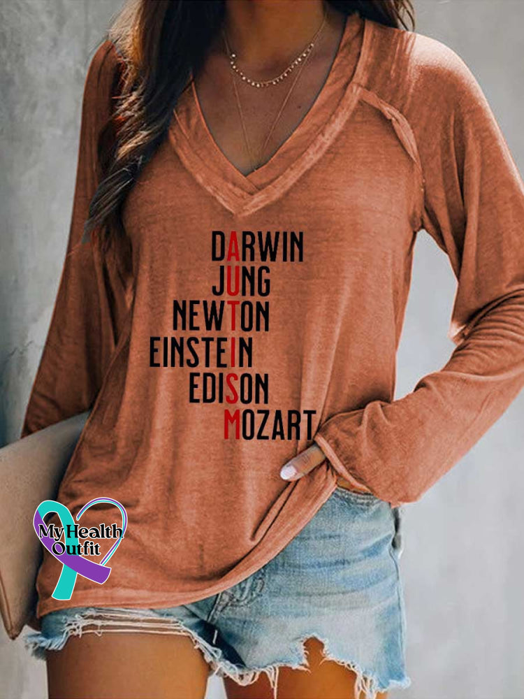 Women’s Darwin Jung Newton Einstein Edison Mozart Autism Awareness Print V Neck Long Sleeve Tops Orange / S