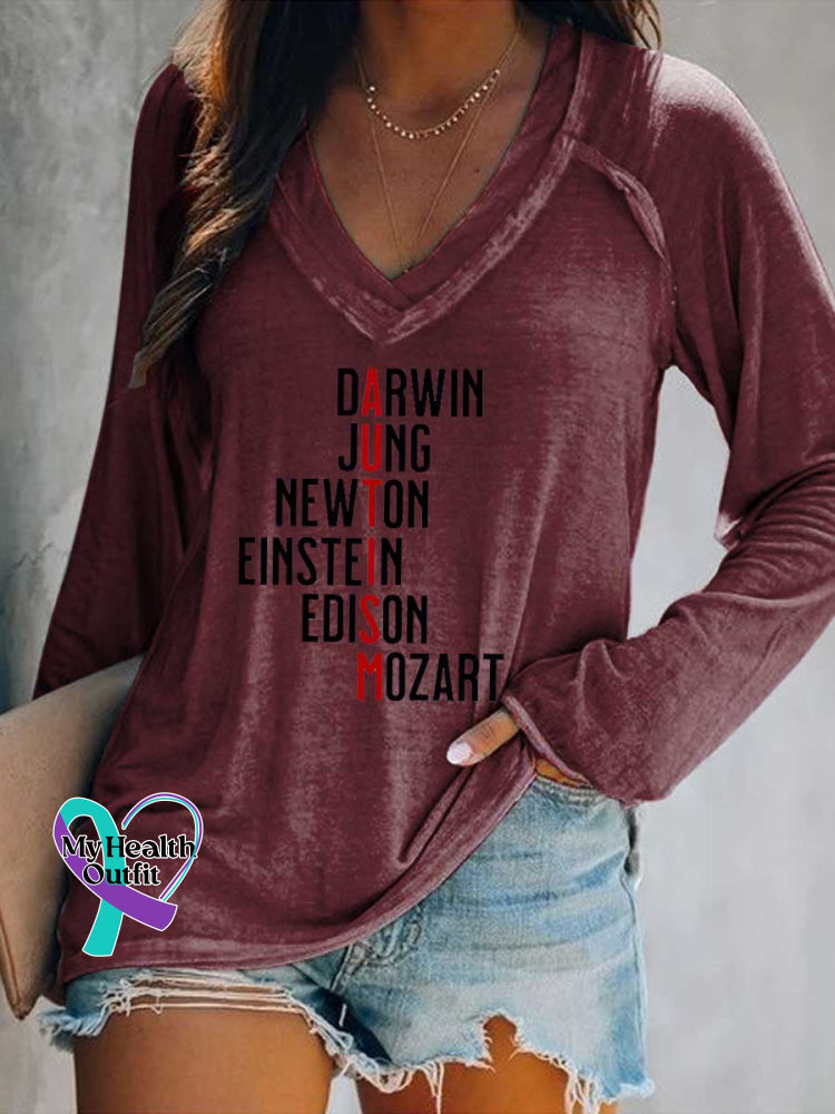Women’s Darwin Jung Newton Einstein Edison Mozart Autism Awareness Print V Neck Long Sleeve Tops Red / S