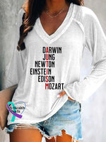 Women’s Darwin Jung Newton Einstein Edison Mozart Autism Awareness Print V Neck Long Sleeve Tops White / S