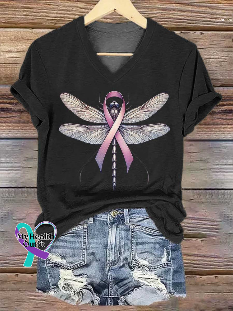 Women’s Dragonfly Pink Ribbon Breast Cancer Awareness Art V-neck Casual T-Shirt Black / S