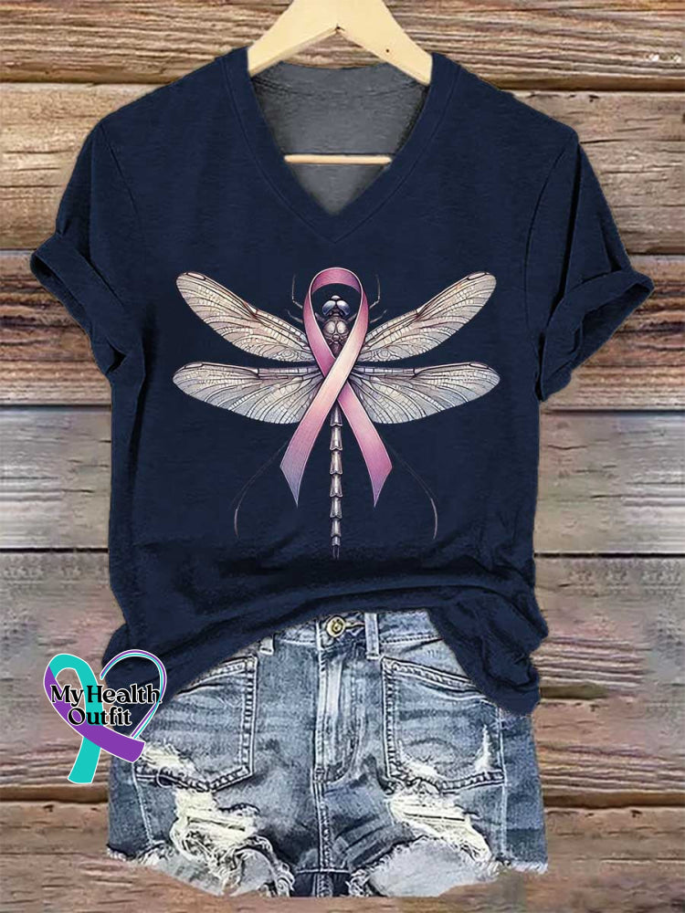 Women’s Dragonfly Pink Ribbon Breast Cancer Awareness Art V-neck Casual T-Shirt Blue / S