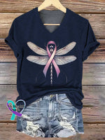 Women’s Dragonfly Pink Ribbon Breast Cancer Awareness Art V-neck Casual T-Shirt Blue / S