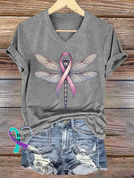 Women’s Dragonfly Pink Ribbon Breast Cancer Awareness Art V-neck Casual T-Shirt Grey / S