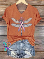 Women’s Dragonfly Pink Ribbon Breast Cancer Awareness Art V-neck Casual T-Shirt Orange / S
