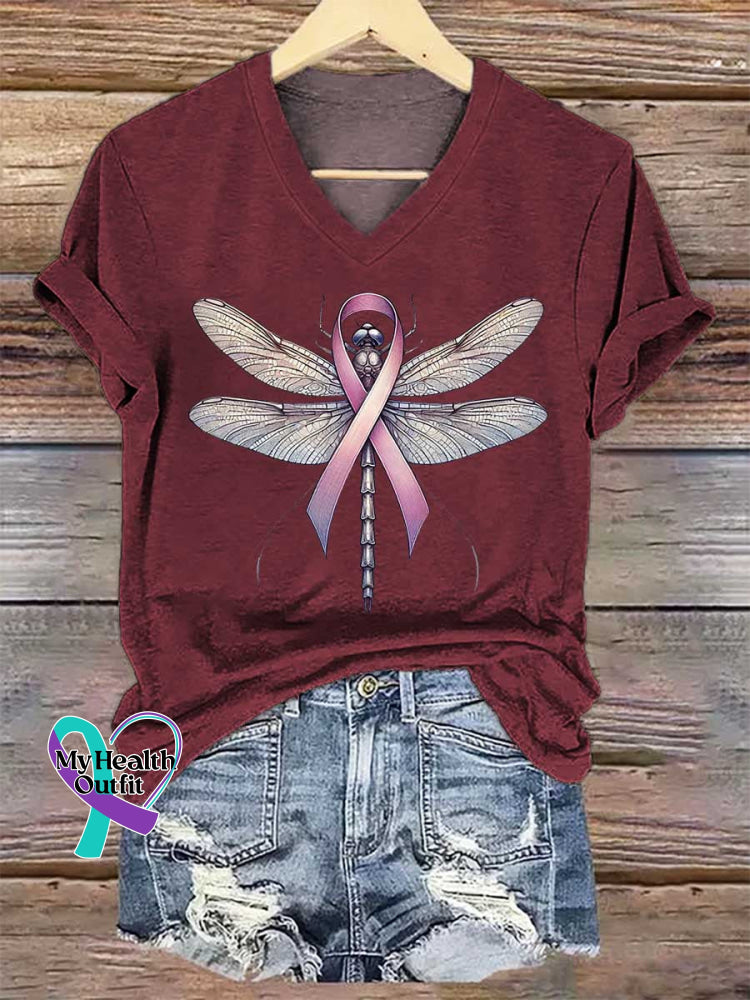 Women’s Dragonfly Pink Ribbon Breast Cancer Awareness Art V-neck Casual T-Shirt Red / S