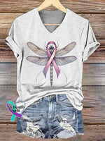 Women’s Dragonfly Pink Ribbon Breast Cancer Awareness Art V-neck Casual T-Shirt White / S