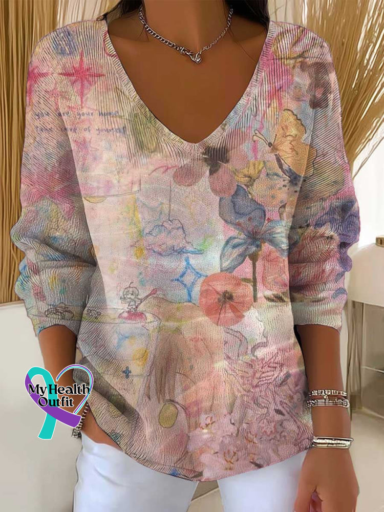 Women’s Flora Breast Cancer Awareness Abstract Art Casual Pullover Sweater Multicolor / S