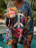 Women’s Floral Peace Sign Love and Peace Casual Pullover Sweater Multicolor / M