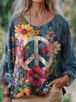 Women’s Floral Peace Sign Love and Peace Print Casual Cotton And Linen Shirt Multicolor / S
