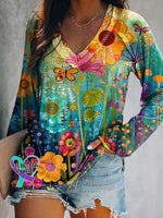 Women’s Floral Print Casual V Neck Long Sleeve Tops Multicolor / S