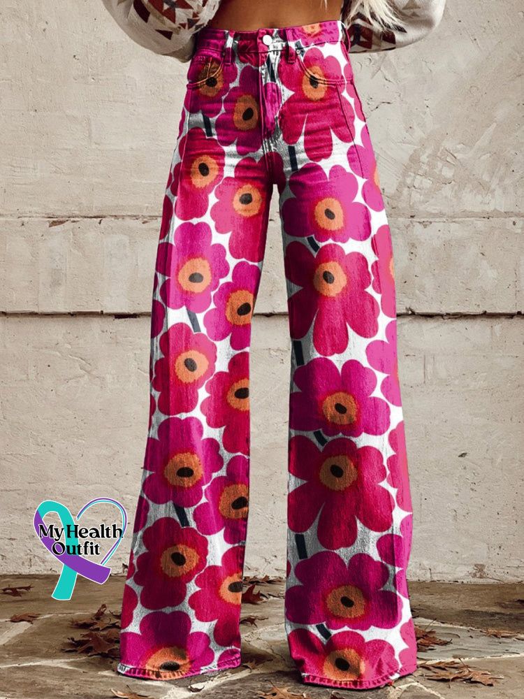 Women’s Flower Art Print Casual Wide Leg Pants Multicolor / S