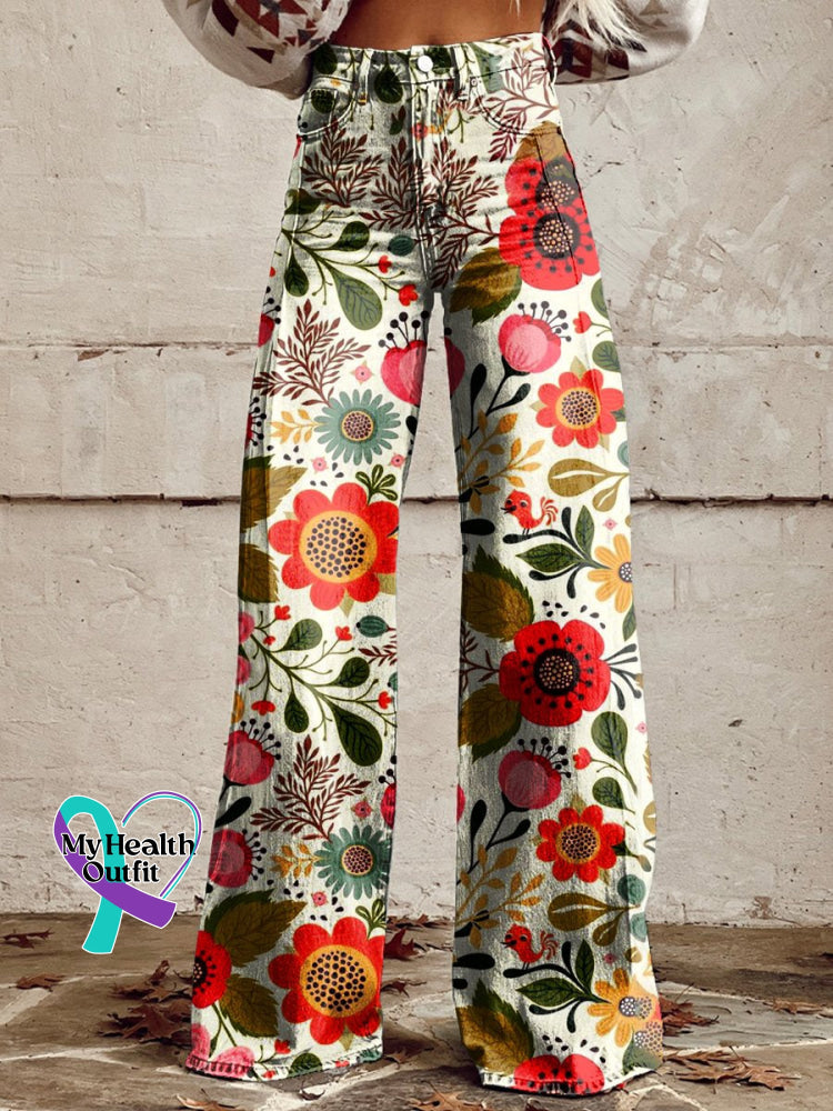 Women’s Flower Art Print Casual Wide Leg Pants Multicolor / S