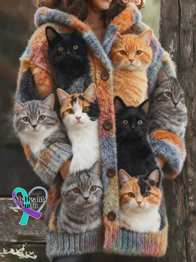 Women’s Funny Cats Pattern Art Print Casual Fleece Coat Multicolor / S