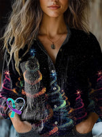 Women’s Glitter Christmas Art Print Casual Long Sleeve Comfortable Cotton Shirt Multicolor / S
