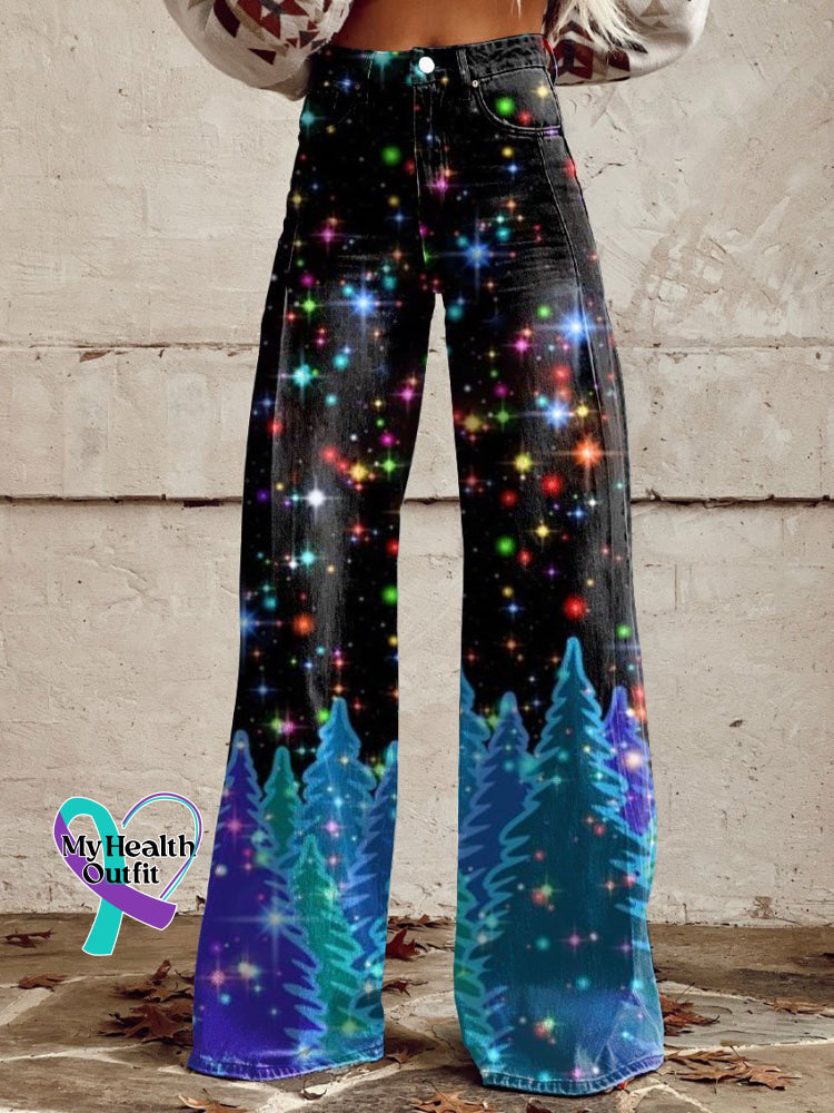 Women’s Glitter Christmas Art Print Casual Wide Leg Pants Multicolor / Xs