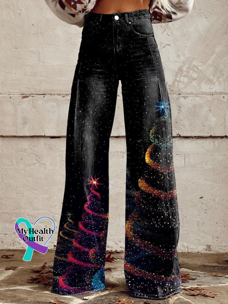 Women’s Glitter Christmas Art Print Casual Wide Leg Pants Multicolor / Xs