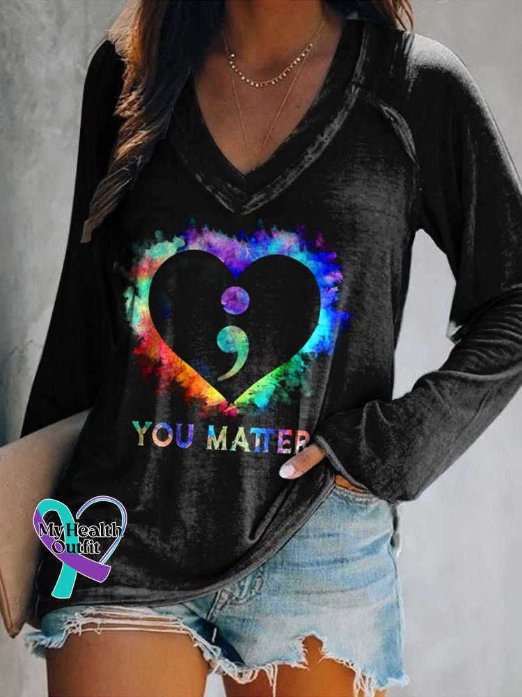 Women’s Heart YOU MATTER Mental Health Awareness Print V Neck Long Sleeve Tops Color / S
