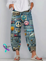 Women’s Hippie Style Pattern Art Print Casual Cotton Denim Pants Blue / S