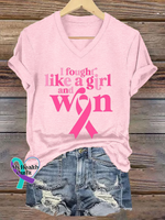 Women’s I Fought Like A Girl and Won Breast Cancer Awareness V-neck Casual T-Shirt LightPink / S