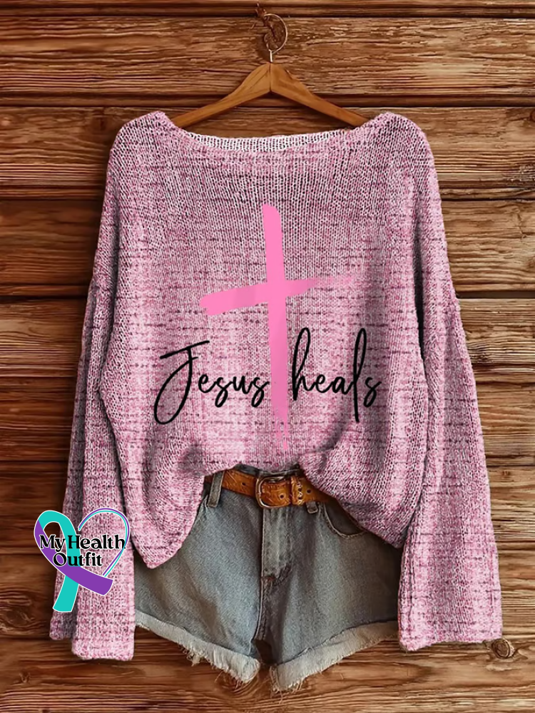Women’s Jesus Heals Breast Cancer Awareness Casual Pullover Sweater Multicolor / S