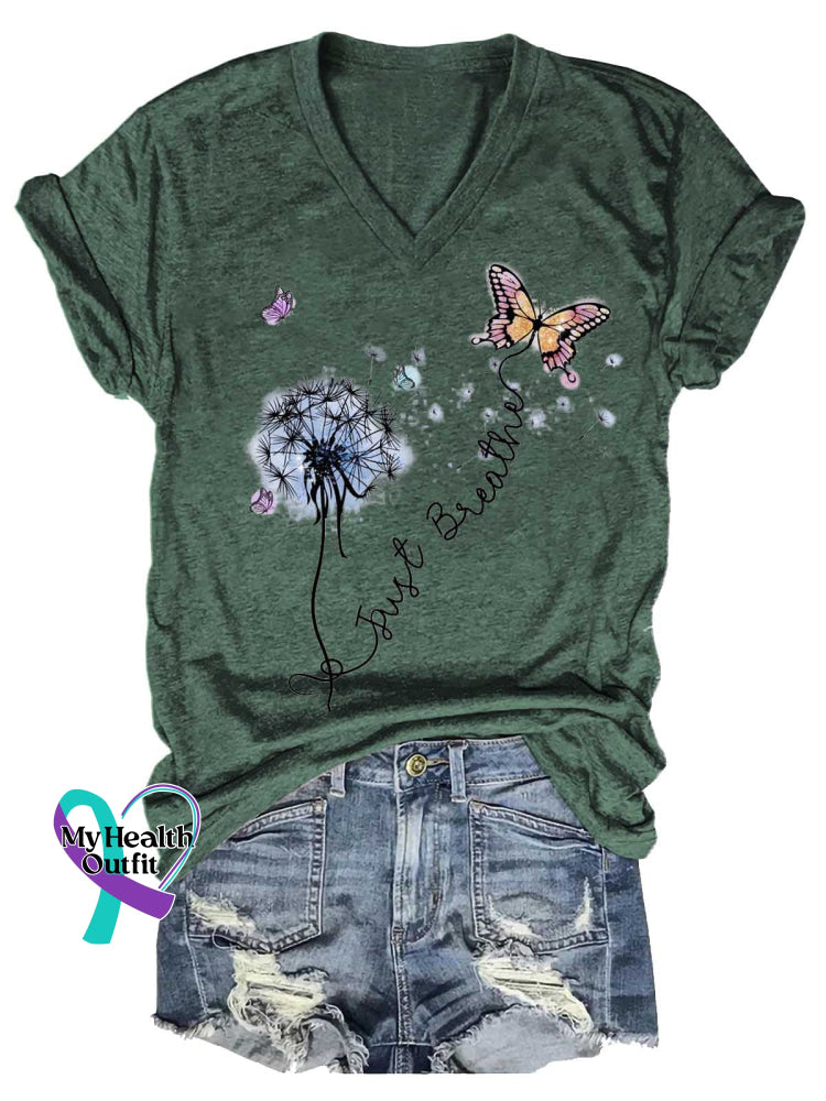 Women’s Just Breathe Dandelion Butterfly Mental Health Awareness V-neck Casual T-Shirt Green / S