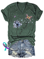 Women’s Just Breathe Dandelion Butterfly Mental Health Awareness V-neck Casual T-Shirt Green / S