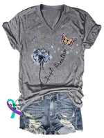 Women’s Just Breathe Dandelion Butterfly Mental Health Awareness V-neck Casual T-Shirt Grey / S